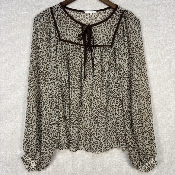 easel Tops - Easel Sheer Blouse Size Small Women's Leopard Print Tie Neck Boho Long Sleeves